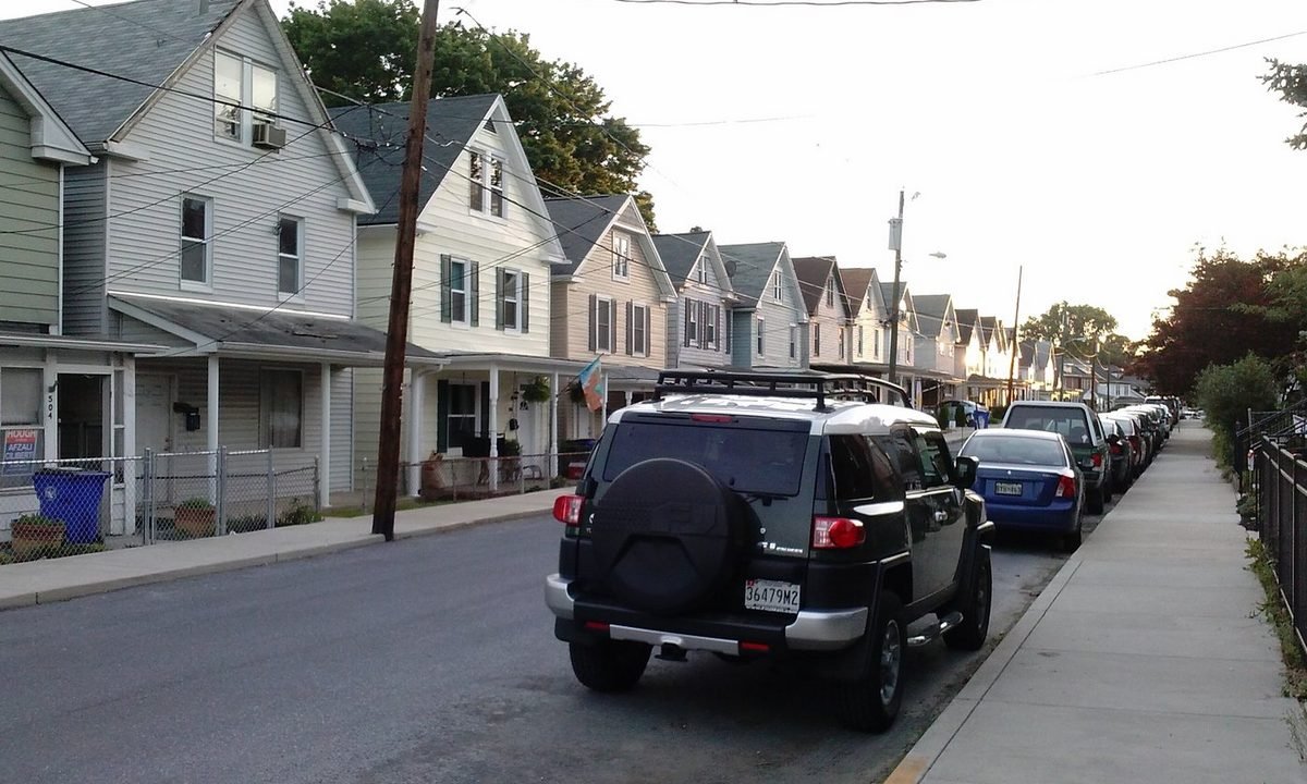 Real residential streetscape in Brunswick, Maryland