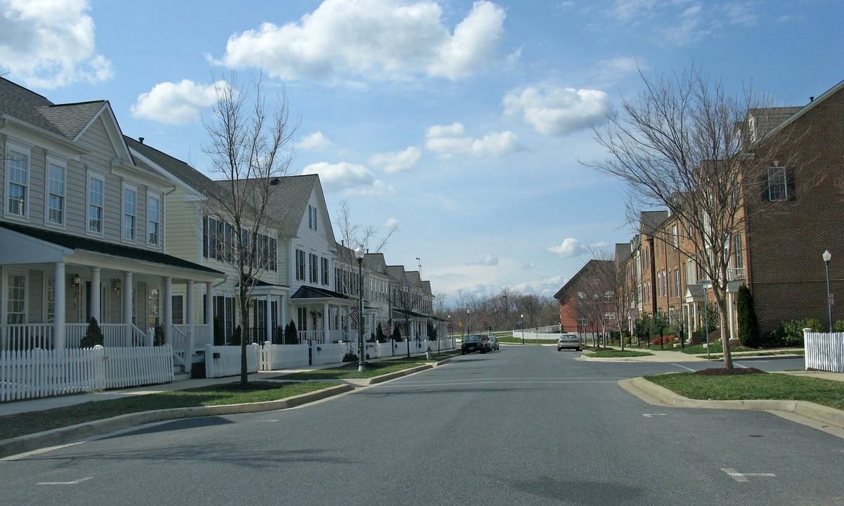 Real residential streetscape selected to represent the townhome character around Gaithersburg, Maryland