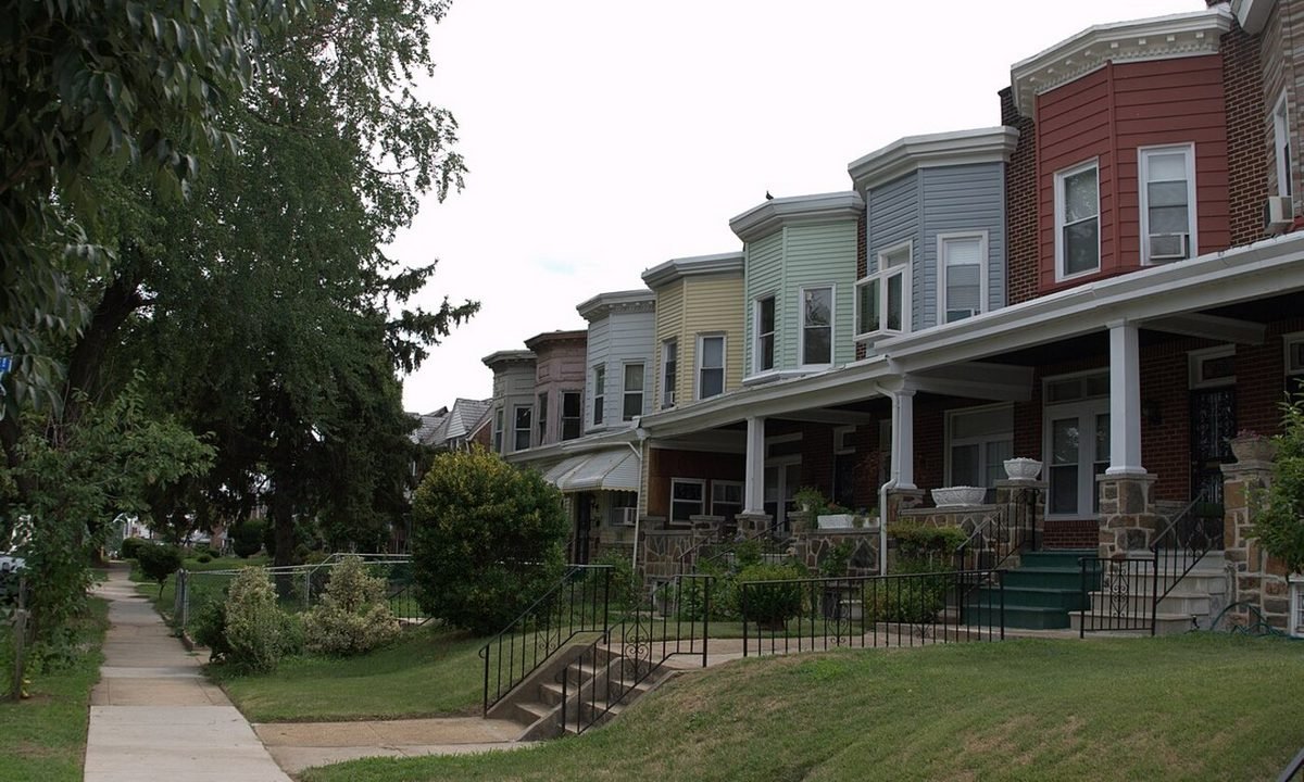 Real residential streetscape selected to represent the townhome character around Olney, Maryland