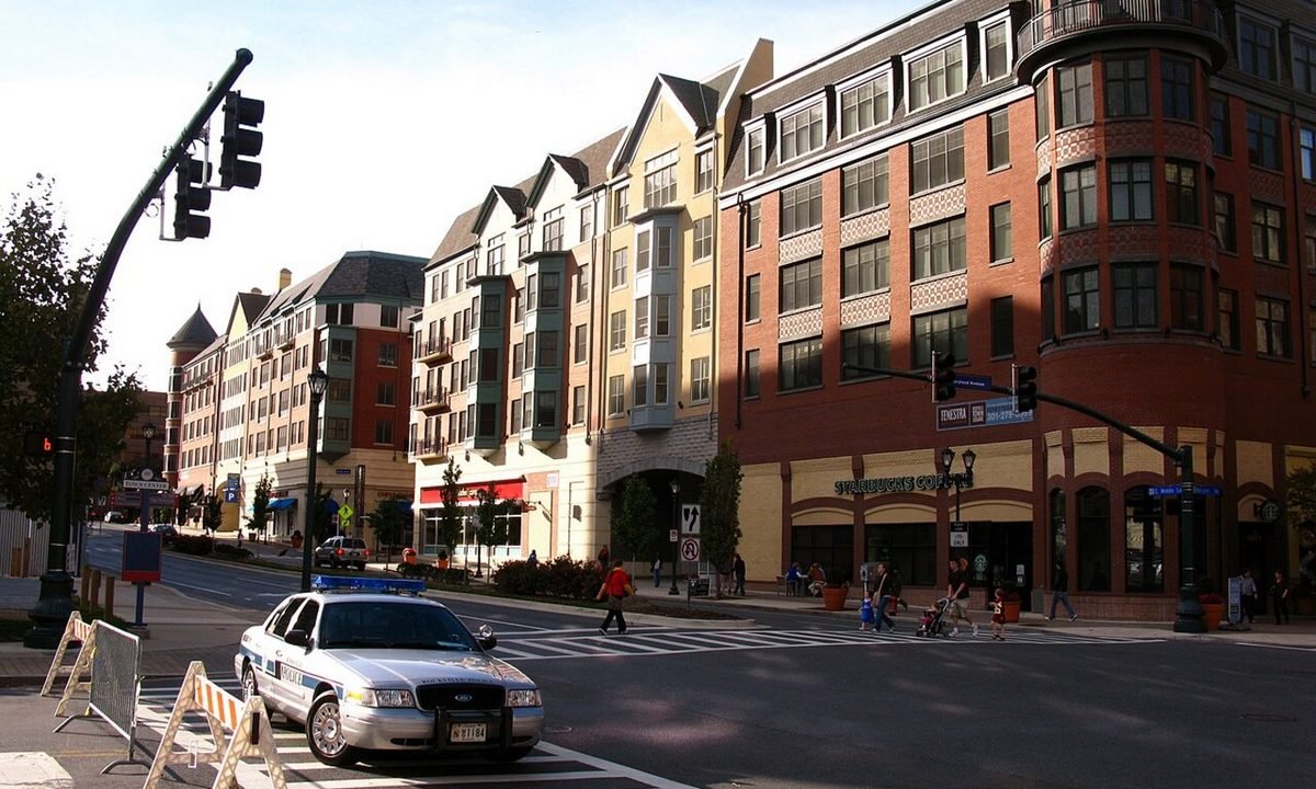 Real residential streetscape in Rockville, Maryland