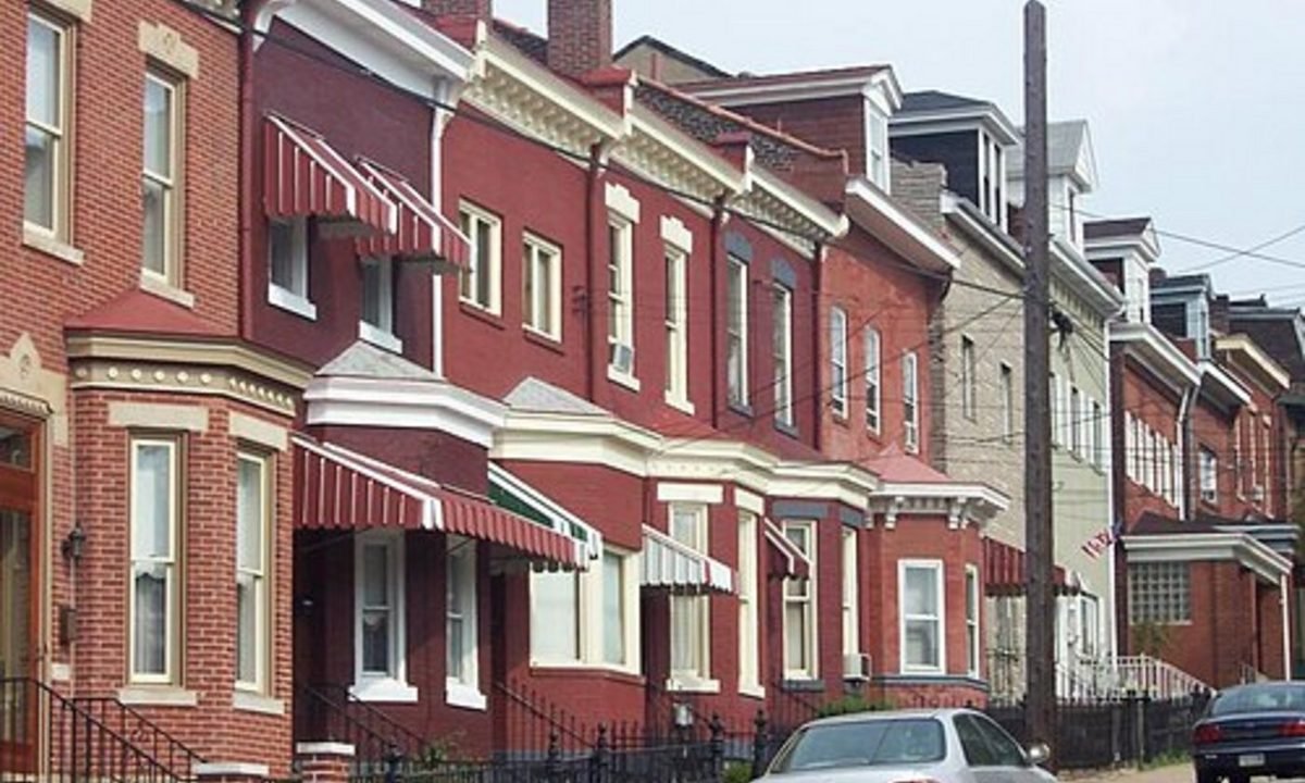 Real residential streetscape selected to represent the townhome character around Urbana, Maryland