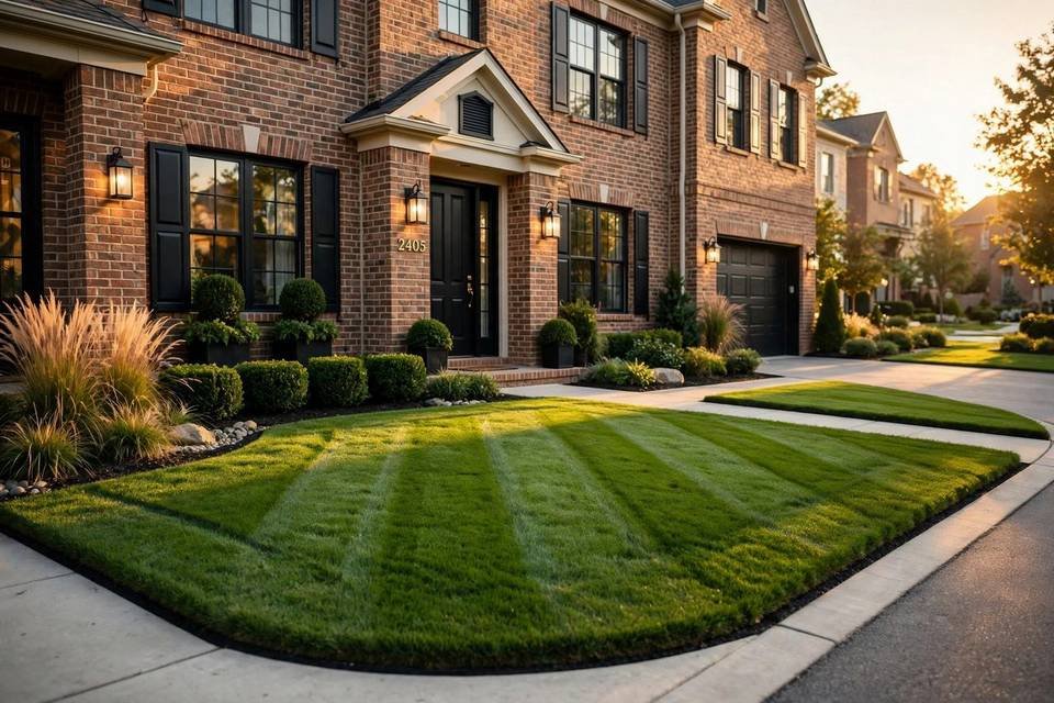 Townhome front lawn with a striped mowing finish