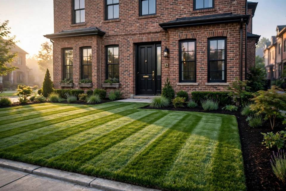 Striped front lawn at a brick townhouse