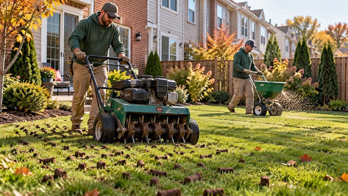 Small backyard lawn being mowed with a push mower in Maryland