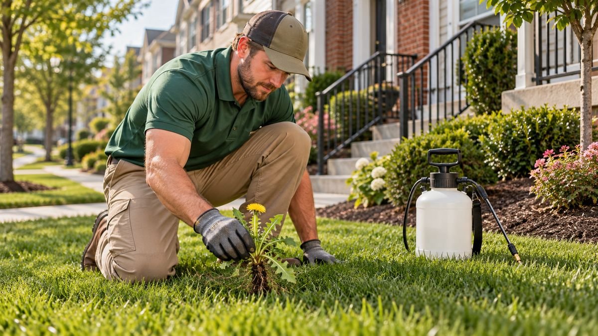 Detailed edging and weeding along a sidewalk at a Maryland townhome