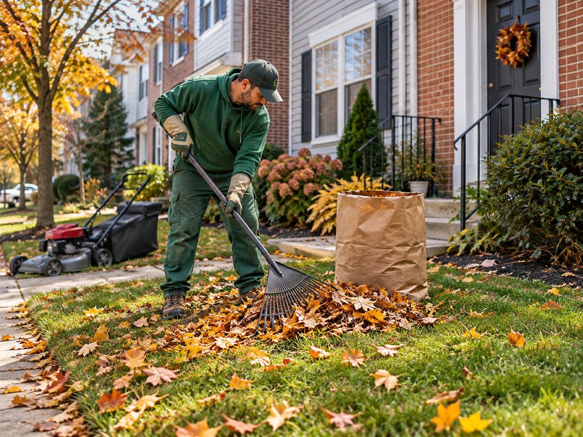 Townhome lawn in Maryland in fall, freshly cut and edged