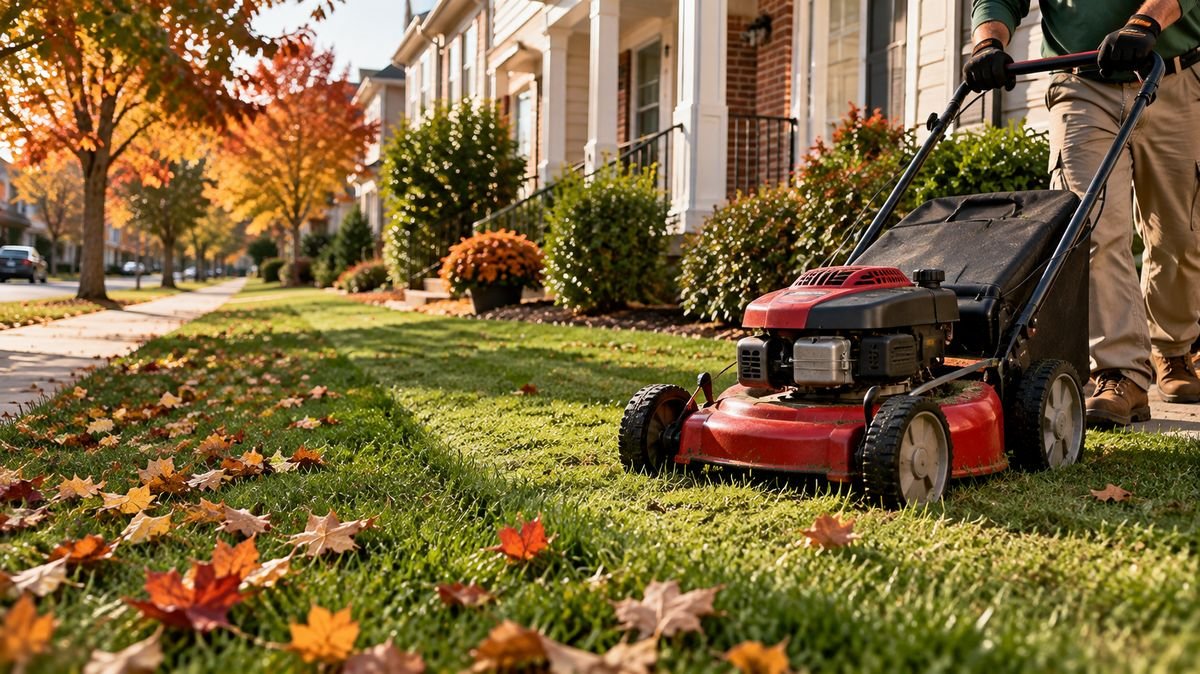 Push mower cutting a small townhome lawn in Maryland
