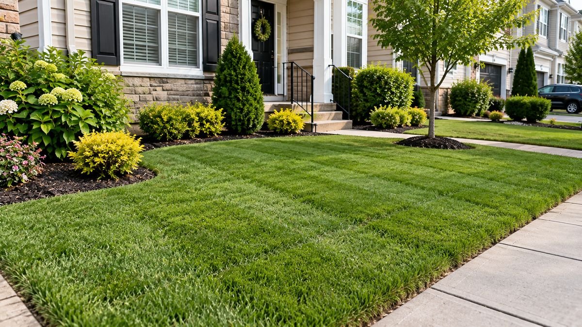 Freshly mowed and bagged townhome lawn with clean stripes